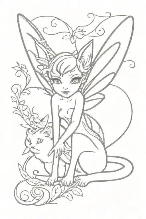 Tinkerbell With A Black Cat Playing