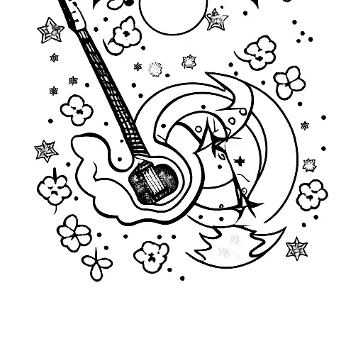 Electric Guitar With Crescent Moon And Cherry Blossoms And Stars