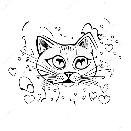 A Minimalist Tattoo Of A Cat Surrounded By Floating Hearts