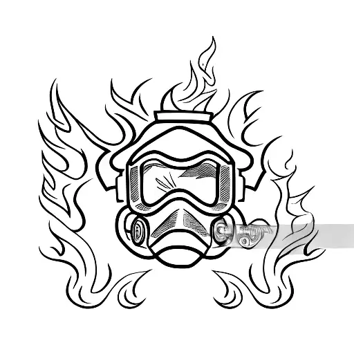 Firefighter Head With Mask And Flames In The Back