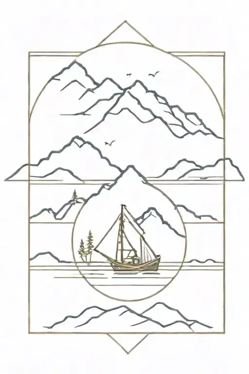 Frame With Landscape Of Mountains And Lake With A Fishing Gear