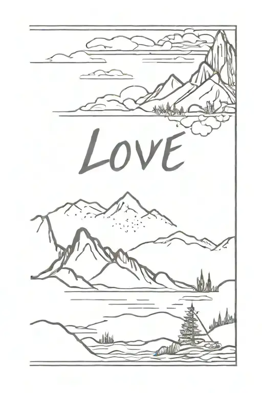 Frame With Landscape Of Mountains And Lake With A Fishing Line And The Word Love Underneath