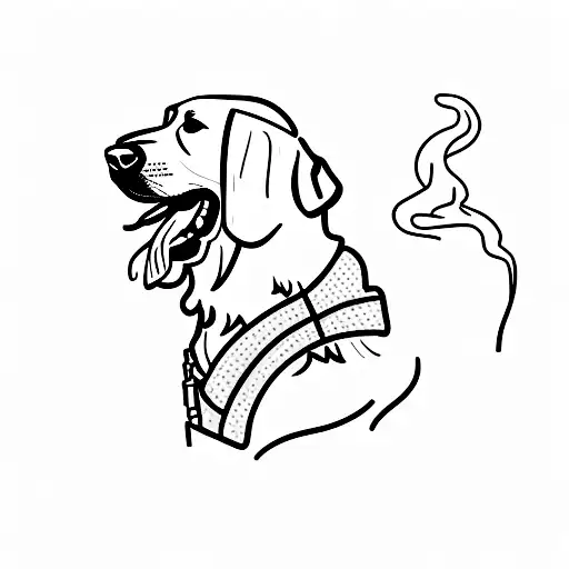 Golden Retriever On His Hind Legs With A Machine Gun In His Hands And A Cigarette In His Teeth