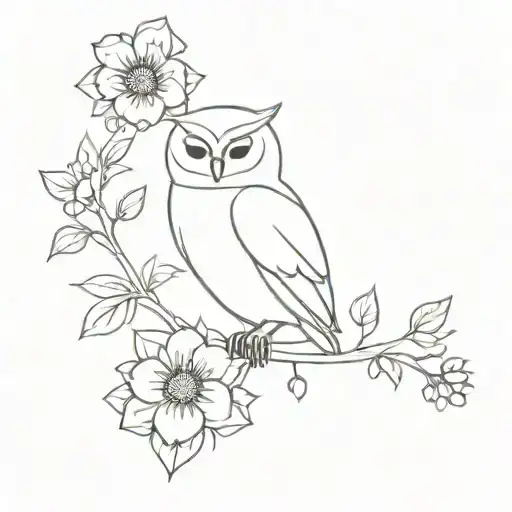 Simple Owl Linework With Flowers Growing