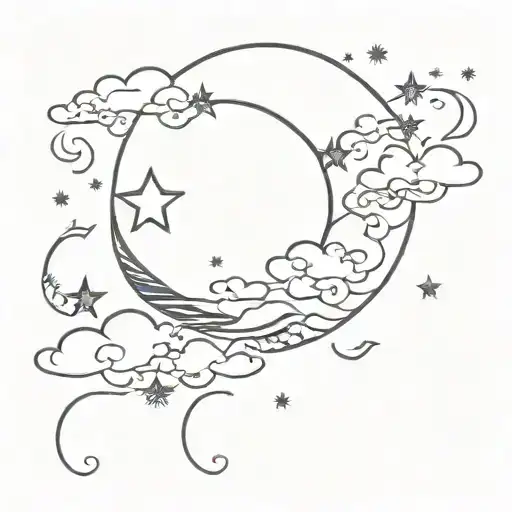 Crescent Moon And Stars With Clouds Around Moon