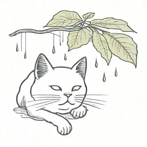 Cloud Raining On A Cat That He Is Under A Big Leaf With Strawberry Under Hes Hand
