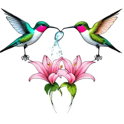 3 Lillie's With A Hummingbird Drinking From The One In The Middle Tattoo