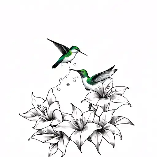 3 Lillie's With 1 Hummingbird Drinking From The One In The Middle Tattoo
