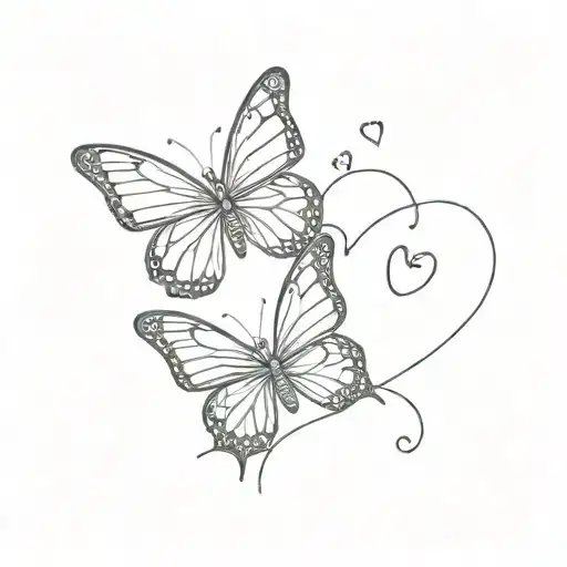 Line Tattoo With 2 Butterflies And A Little Heart