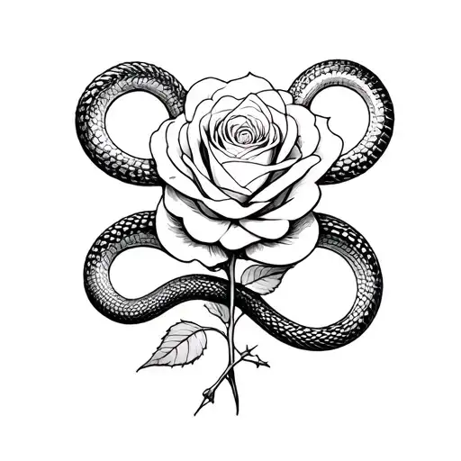 Two Symmetrical Snakes Positioned Vertically And Among Them A Rose With Thorns