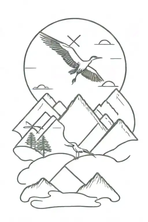 Japan Sun With Crane And Moutain