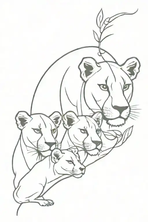 Lioness With A Male And A Female Cub And Cherry Tree Leaves