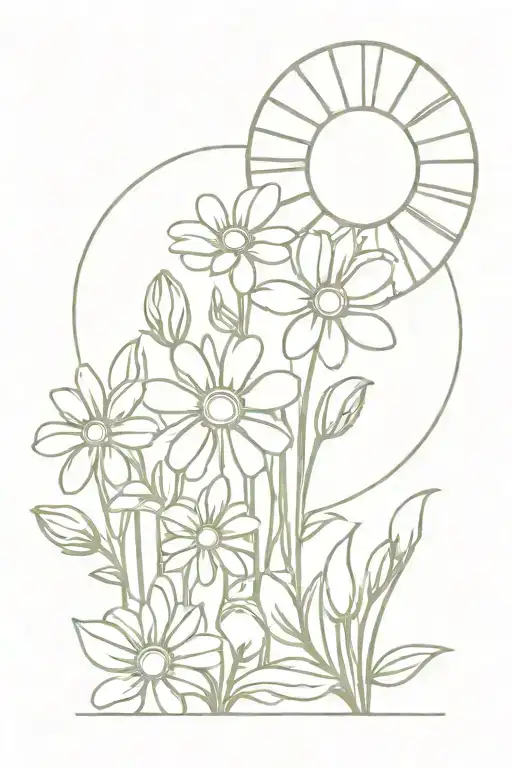 A Vintagey Sun With Daisies And Sweet Pea Flowers Around It