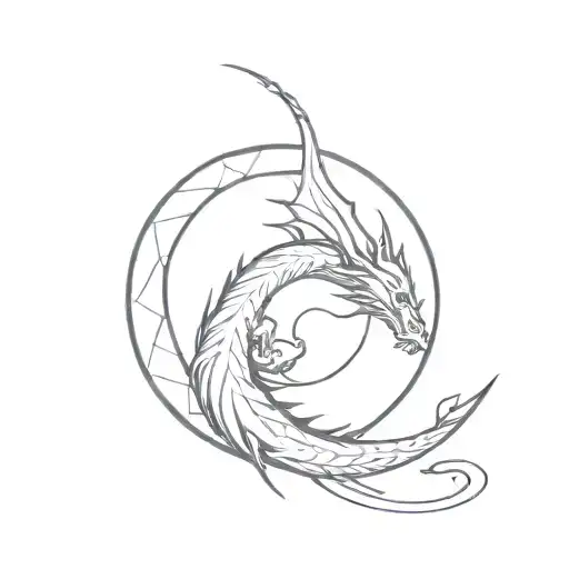 Fine Line Spirit Dragon With Moon Phases