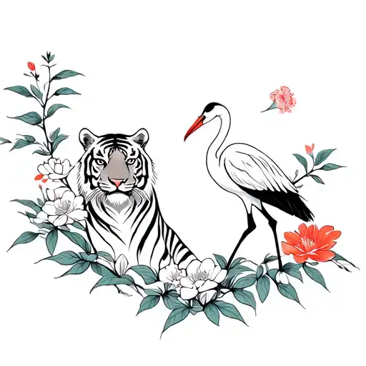 Tiger And Crane In Japanese Flowers Growing