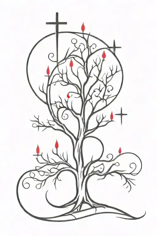 Many Lines Gothic Poison Tree With Flowing Red Blood And Crosses Made Of Many Curved Lines