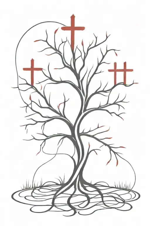 Many Lines Gothic Poison Tree With Flowing Red Blood And Crosses Made Of Many Curved Lines