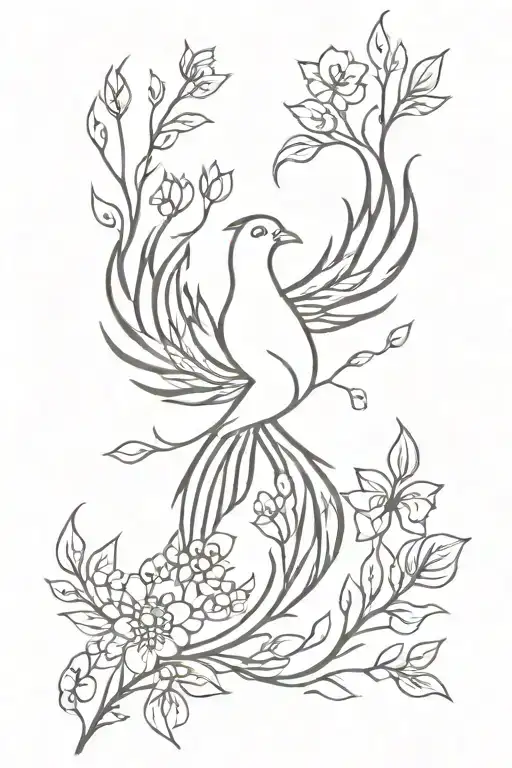 Phoenix And Branches Of Leaves And Flowers