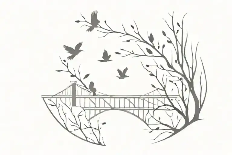 Bridge With Cardinals Flying And Leaf Wisps In The Air