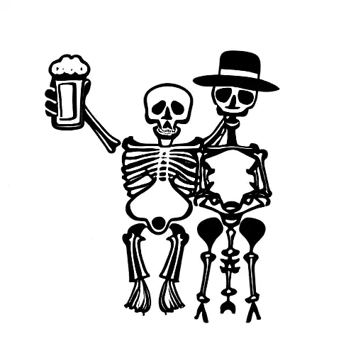 An Skelleton Holding A Beer Sitting Next To His Human Child Friend