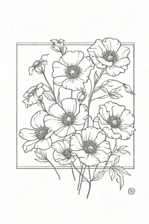 Forget Me Not And Poppy Flowers In Black Inside A Square
