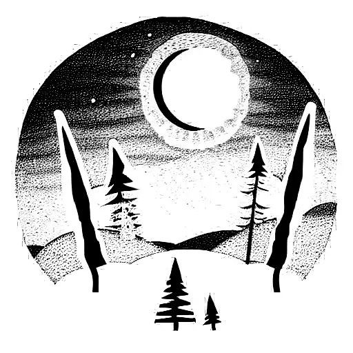 Mountain With Pine Trees And Moon
