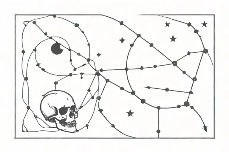 Virgo And Scorpio Constellation Intertwined With A Moon And A Skull