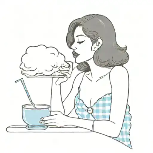 Retro Black Haired Woman In Gingham Dress Eating Blue Cotton Candy