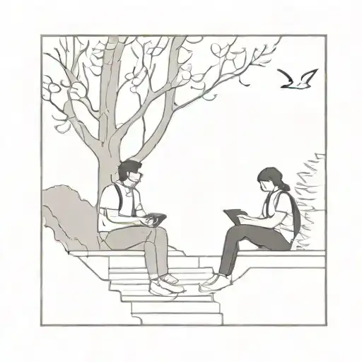 Couple Sitting On Ground Stairs Among Trees And Listening To Music