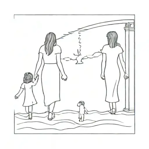 Woman And Daughter Watching Son Walk Into Gates Of Heaven