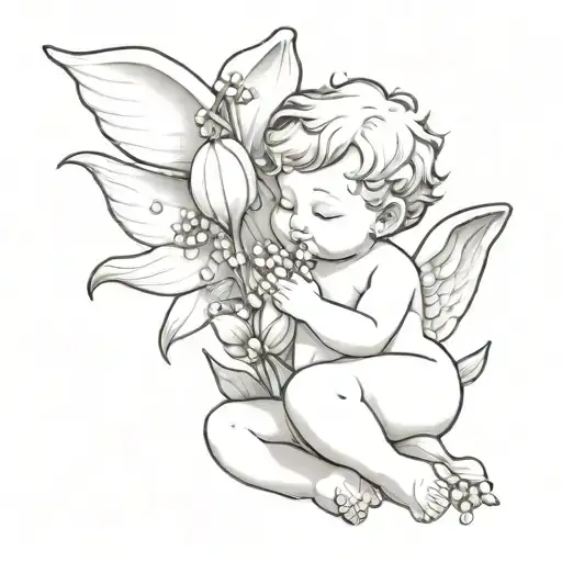 Cherub Angel Holding A Lilly Of The Valley Sketch Black And White No Shading Or Colour