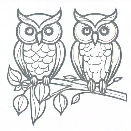2 Owl Outline Tattoo Sitting On A Lotus Branch Looking