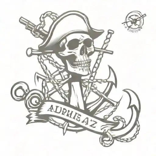 Tattoo Of A Marine Anchor With Pirate Skull With The Inscription Med