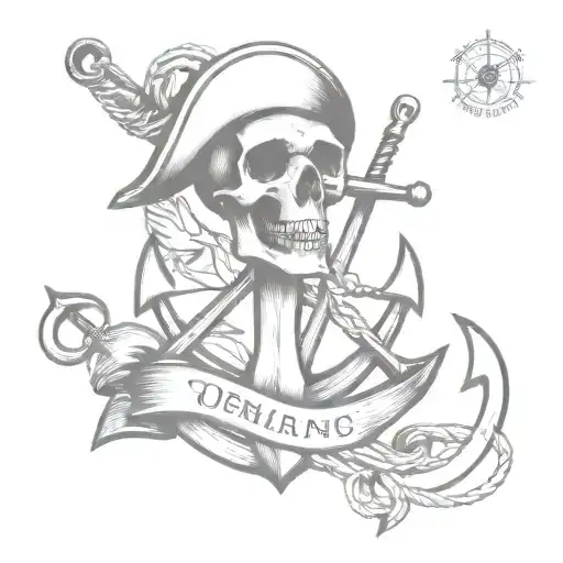 Tattoo Of A Marine Anchor With Pirate Skull With The Inscription Med
