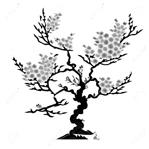 Japanese Cherry Blossom Tree With A Foo Dog Standing Guard