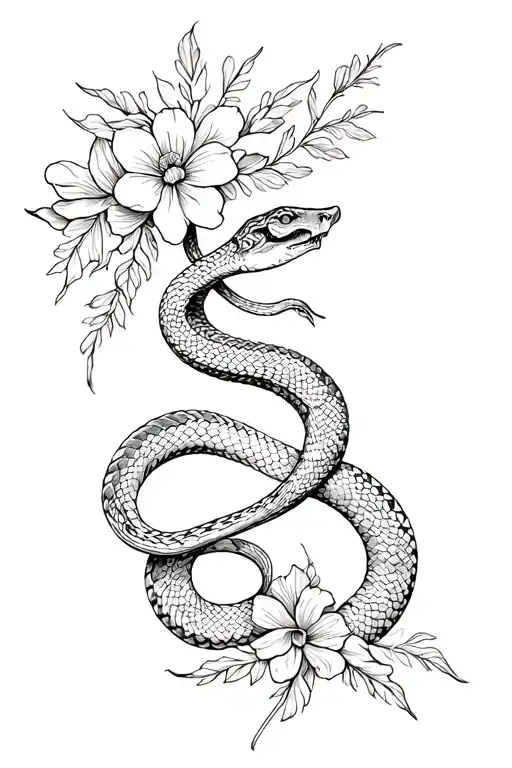 Snake Wrapped In Flowers Intertwined Within