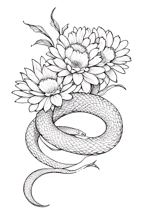 Snake Wrapped In Chrysanthemum Flowers Intertwined Within