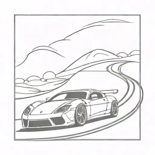 A Minimalist Tattoo Of A Sleek Sports Car Racing Down A Winding Road