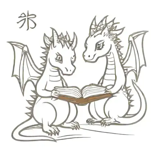 2 Happy Cute Dragons Reading A Book