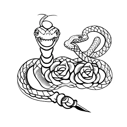 Snake Around Sword With Roses