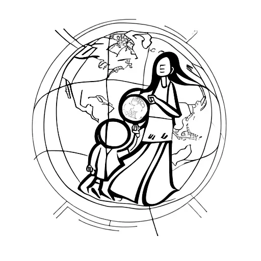 A Silhouette Of A Mother And Son Holding Hands In Front Of A World Map