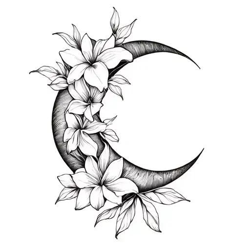 Crescent Moon Lilly Flowers Tattoo Minimalist Simple Line Work