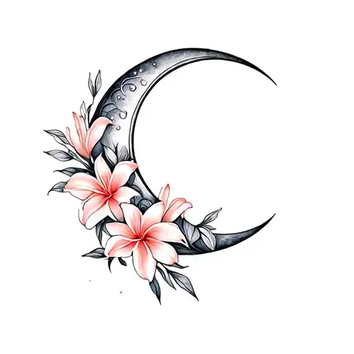 Crescent Moon Lilly Flowers Tattoo Design