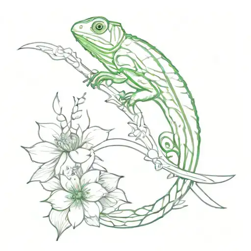 A Chameleon With Sword Flowers And The Saint Benedict Medal With A Dragonfly