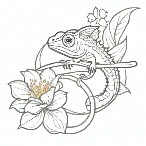 A Chameleon With Sword Flowers And The Saint Benedict Medal With A Dragonfly