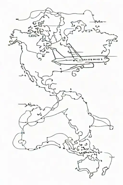 A Minimalist Tattoo Of An Airplane Flying Over A Map With Destinations Marked