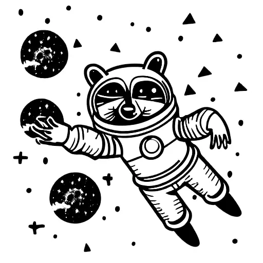 Raccoon Dressed As An Astronaut Floating In The Space With Stars And Planets