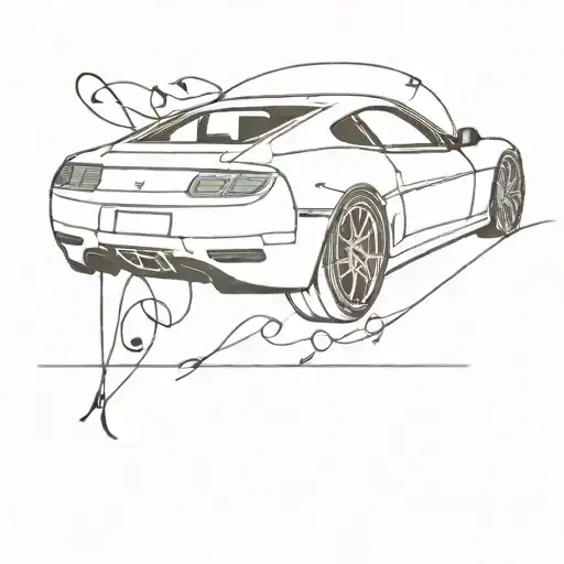A Minimalist Tattoo Design Of A Sleek Sport Car With Musical Notes Flowing Around It