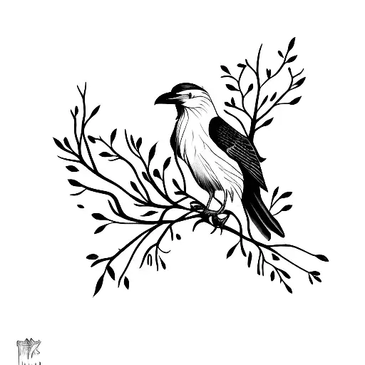 A Minimalist Tattoo Of A Black Crow Perched On A Branch With Magnolia Blossoms