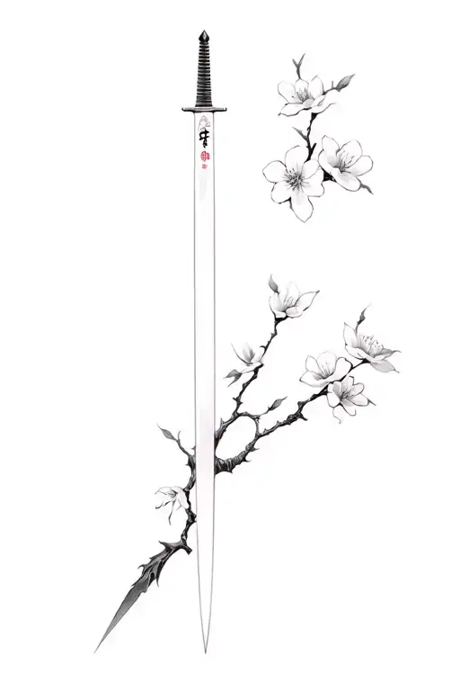 A Cyber Siglism With A Japanse Sword Piercing Cherry Bolossoms